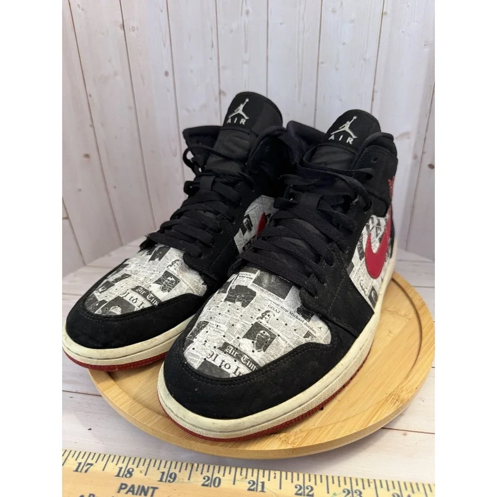Jordan 1 Mid SE Air Times Newspaper Print Black Red White Sneakers Size 11